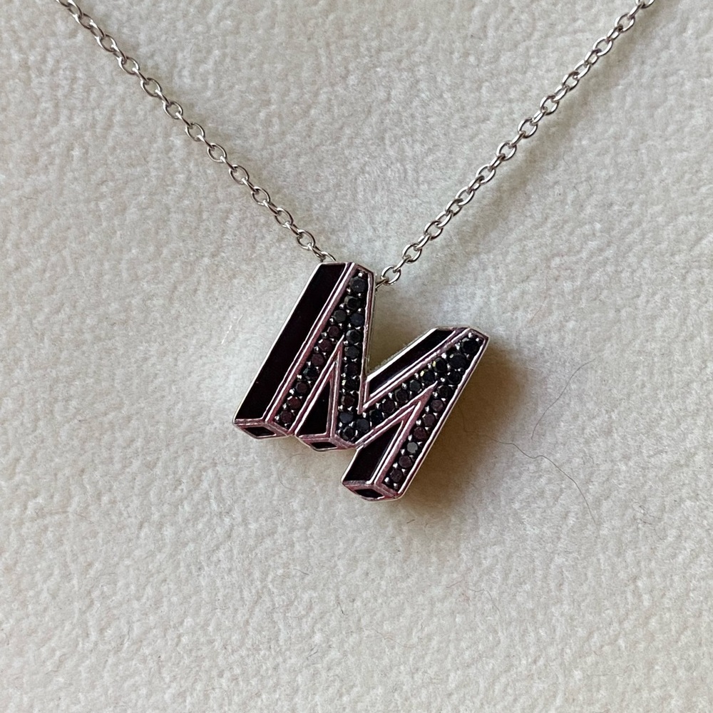 Elegant Silver and Black Diamond Initial 'M' Necklace